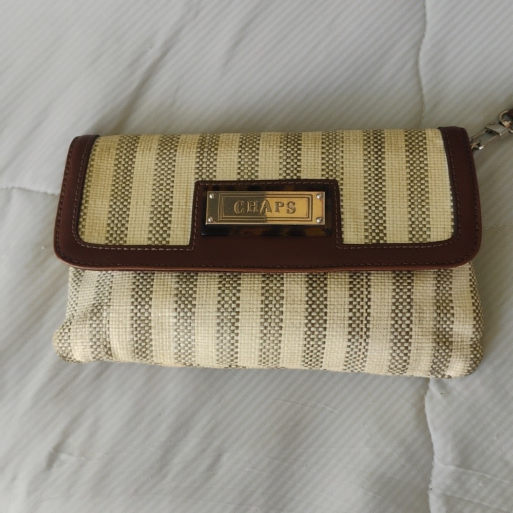 Chaps Wristlet, Brown Trim The Beige And Darker Beige Striped Linen Like Fabric